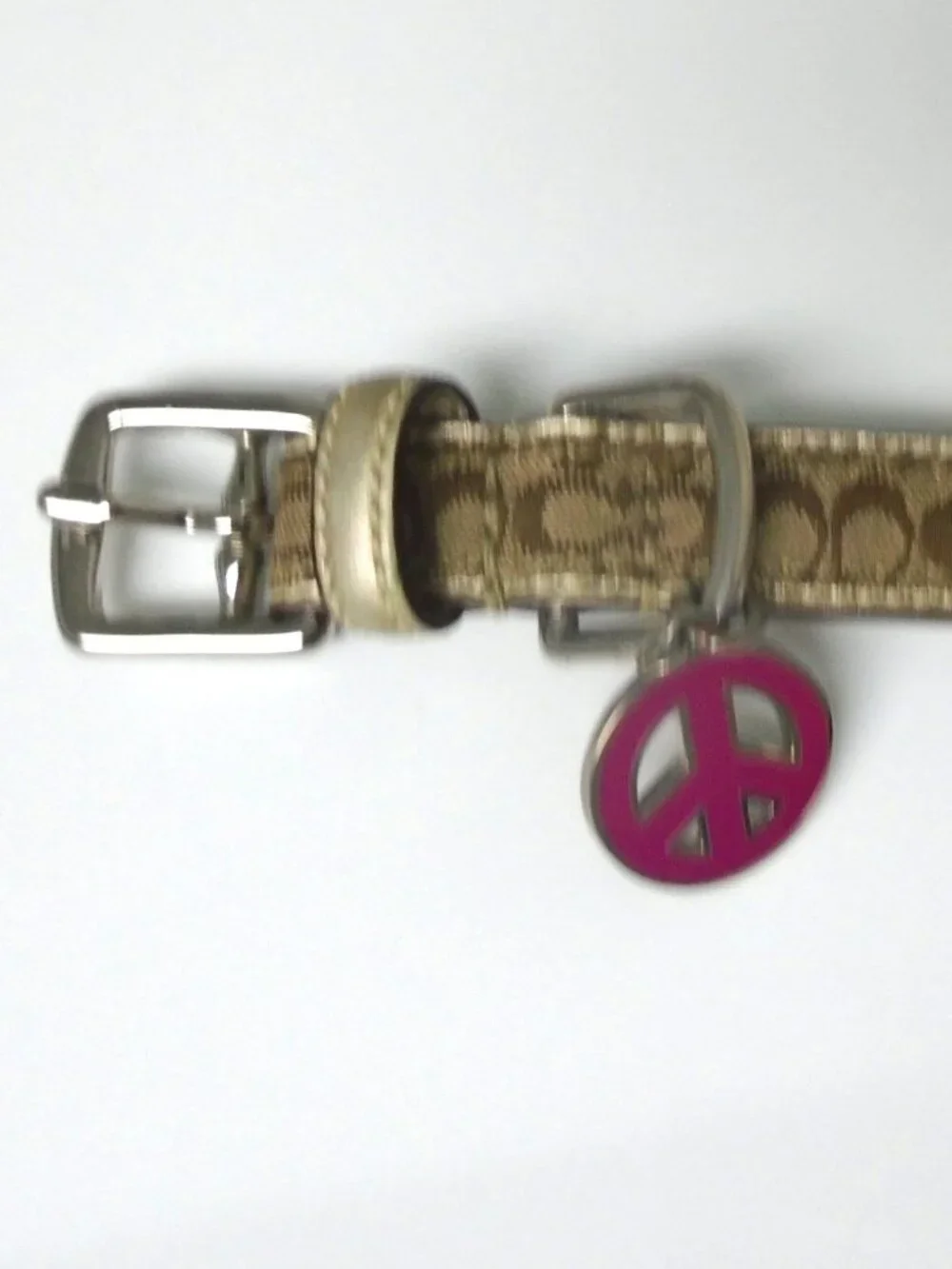 COACH GOLD LEATHER BROWN JACQUARD SIGNATURE C DOG PET COLLAR LEASH SET SIZE XS
